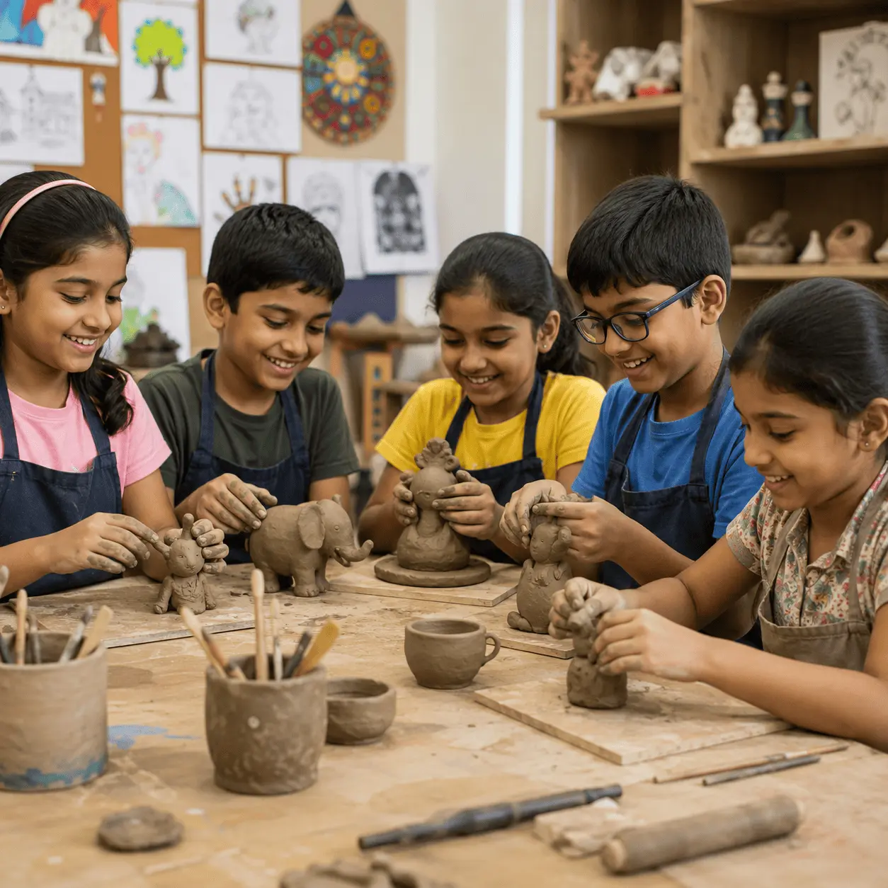 Indian artisan shaping clay art while a child observes and learns